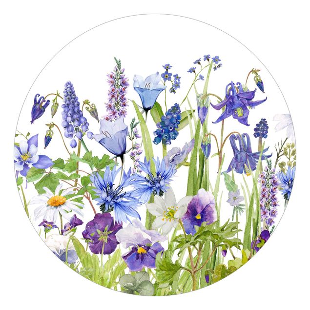 Papier peint panoramique Aquarelle - Champ fleuri en bleu