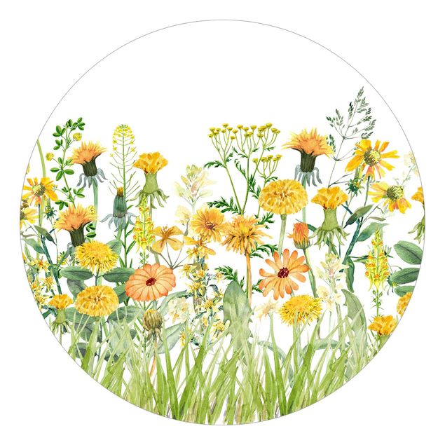 Papier peint panoramique Aquarelle - Prairie de fleurs en Gelb