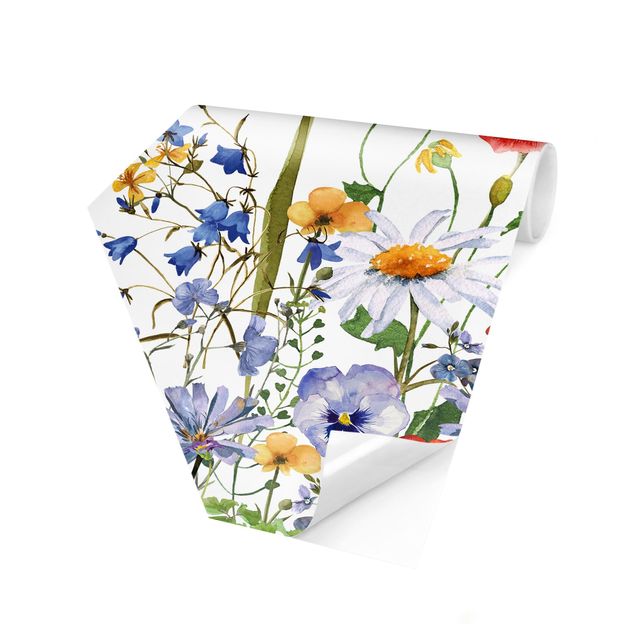 Papiers peintspanoramique hexagonal Aquarelle - Champ fleuri avec coquelicots