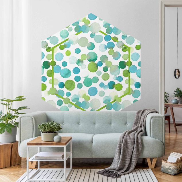 Tapisserie moderne Confettis à pois aquarelle en vert bleuâtre