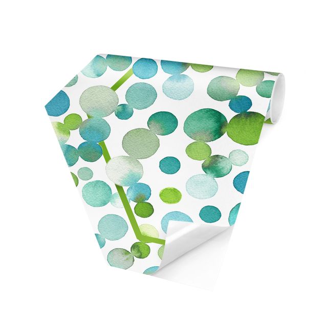 Papier peint hexagonal Confettis à pois aquarelle en vert bleuâtre