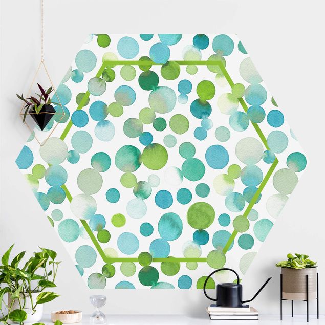 Papier peint hexagonal autocollant avec dessins - Watercolour Dots Confetti In Bluish Green