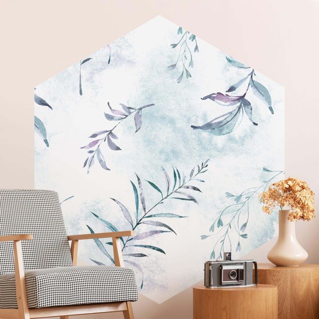 Papiers peints modernes Branches aquarelle en bleu menthe