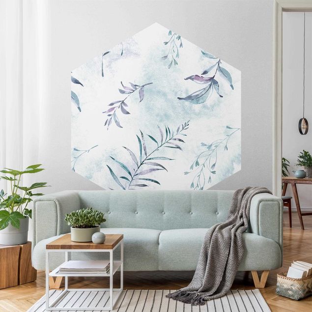 Papier peint floral Branches aquarelle en bleu menthe