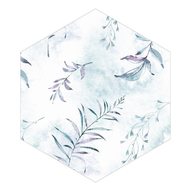 tapisserie panoramique Branches aquarelle en bleu menthe