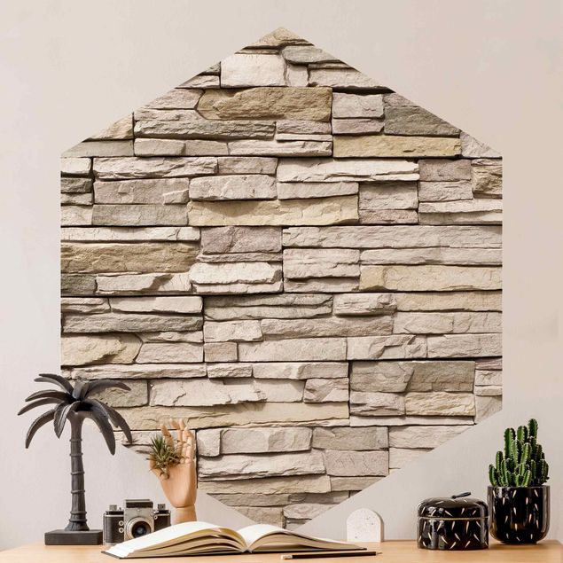 Papier peint effet pierre naturelle Mur de pierre asiatique - Mur de pierre fait de grandes pierres claires