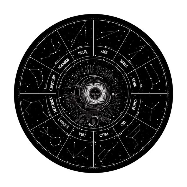 grand tapis rond Astrologie Les 12 Signes du Zodiaque Noir