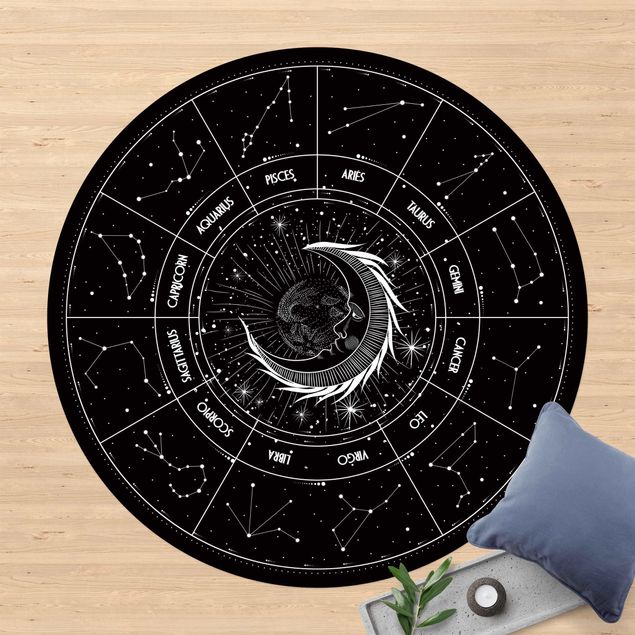 tapis extérieur balcon Astrologie Lune et Signes du Zodiaque Noir