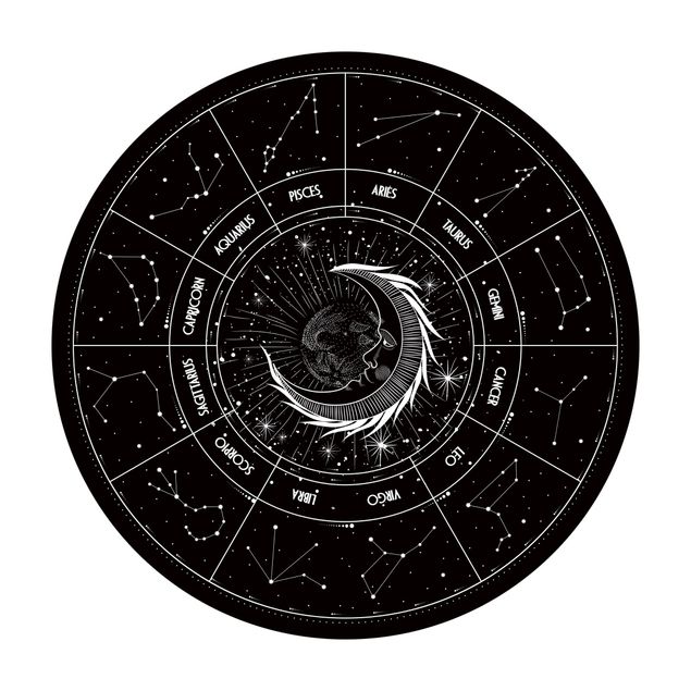 grand tapis rond Astrologie Lune et Signes du Zodiaque Noir