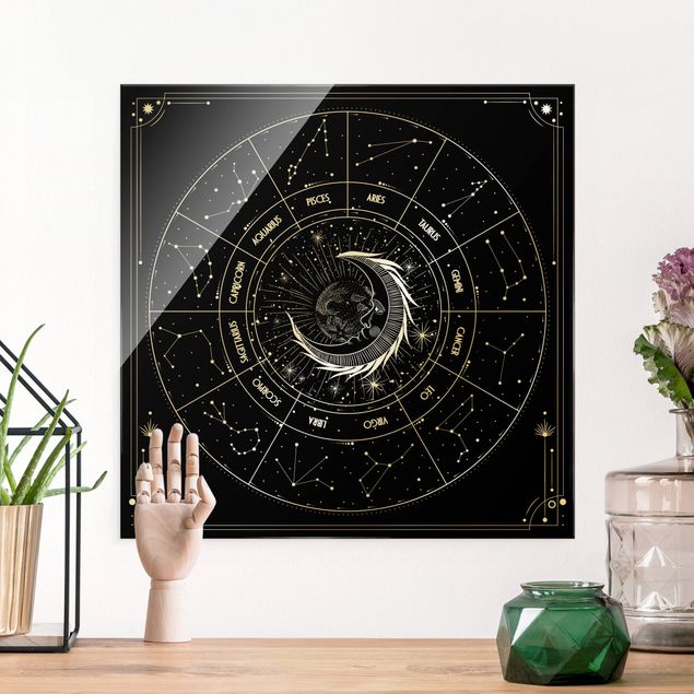 Tableau moderne Astrologie Lune et Signes du Zodiaque Noir