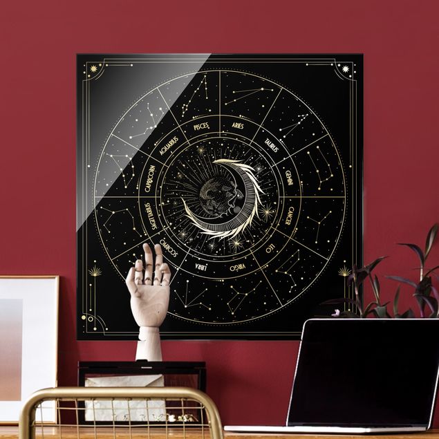 Tableau zen Astrologie Lune et Signes du Zodiaque Noir