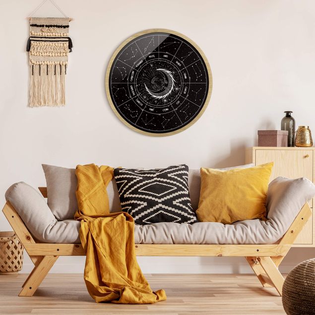 Tableaux Ronds Encadrés Astrologie Lune et Signes du Zodiaque Noir