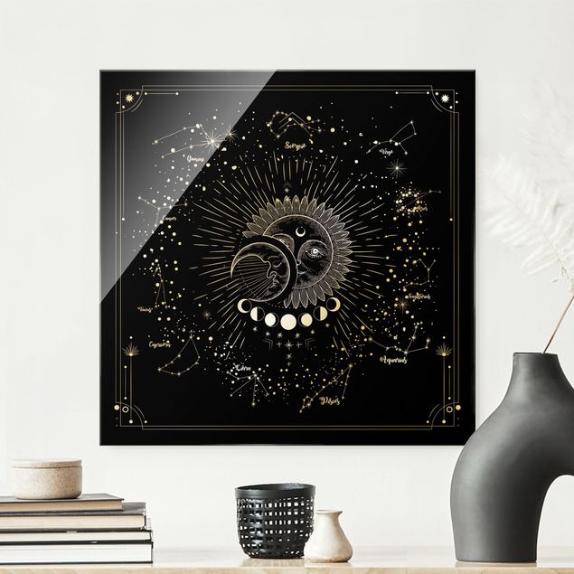Tableau moderne Astrologie Soleil Lune et Étoiles Noir