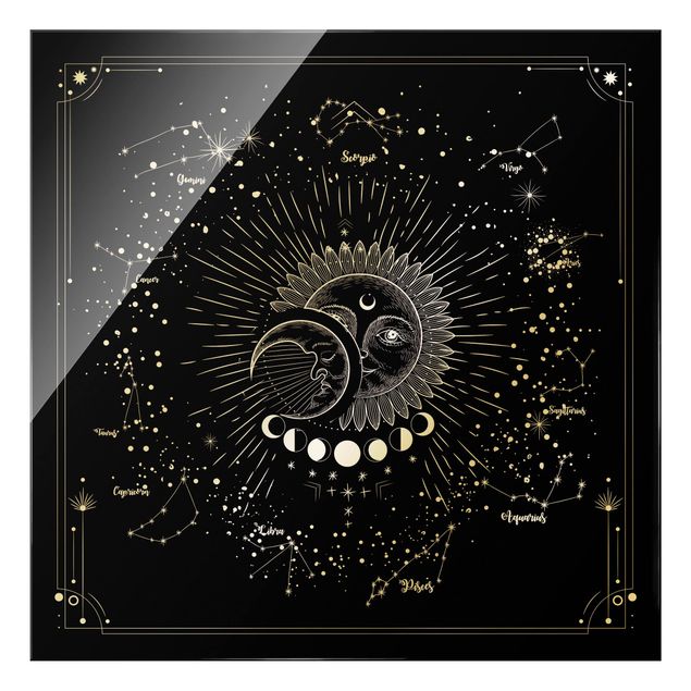Tableau décoration Astrologie Soleil Lune et Étoiles Noir