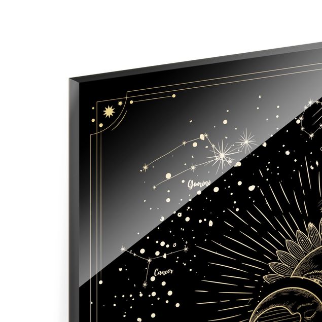 Tableaux en verre magnétique Astrologie Soleil Lune et Étoiles Noir