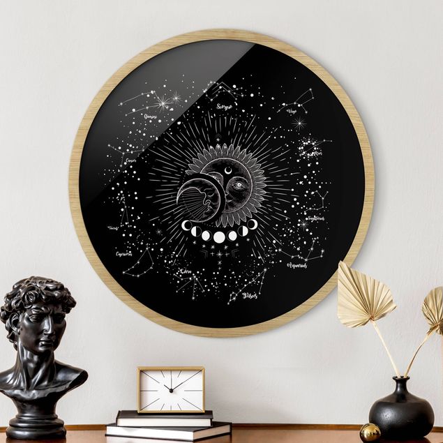 Tableaux modernes Astrologie Soleil Lune et Étoiles Noir