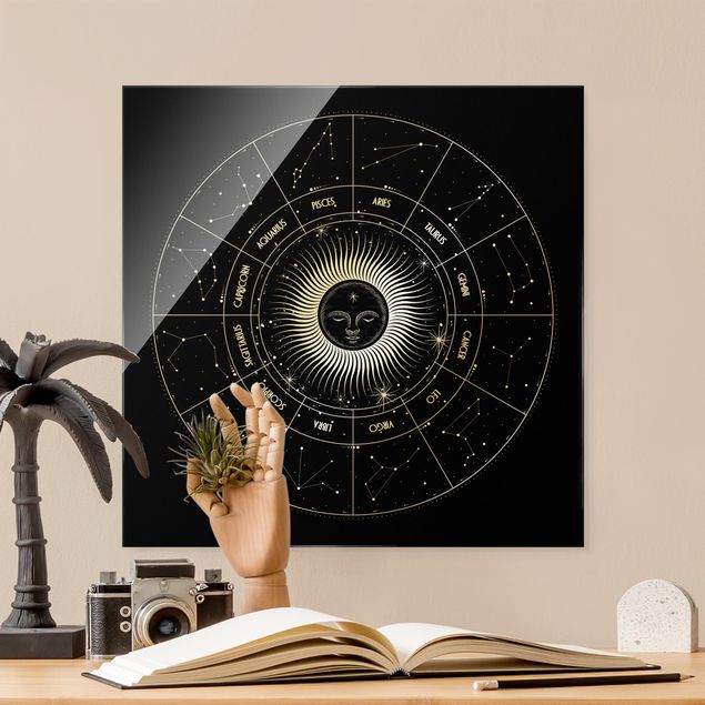 Tableau spirituel Astrologie Signe du Zodiaque dans un cercle de soleil Noir
