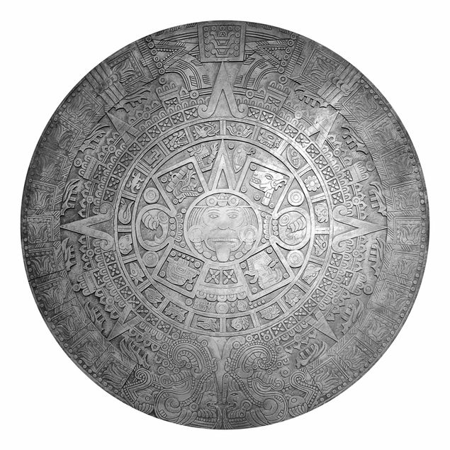 Papier peint argenté Décoration aztèque dans un cercle noir et blanc
