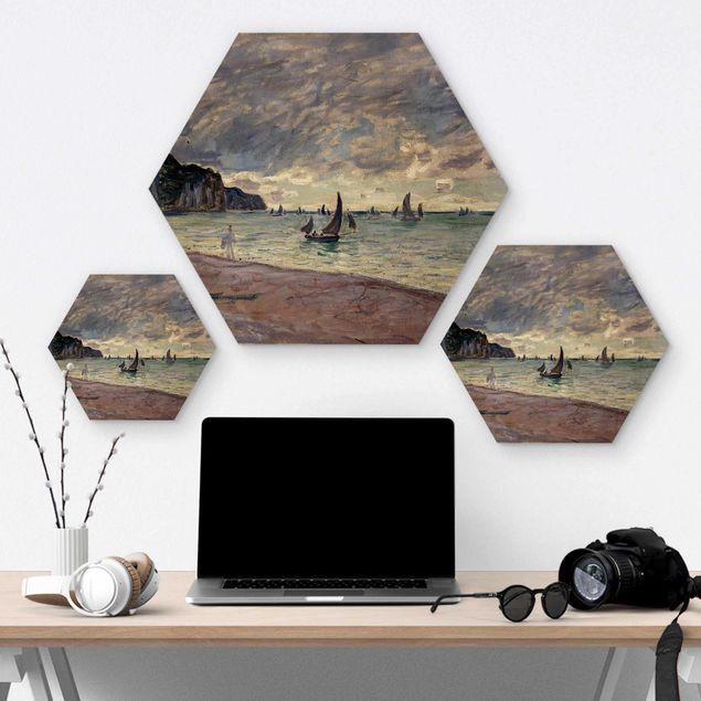 Impression sur bois Claude Monet - Bateaux de pêche devant la plage et les falaises de Pourville