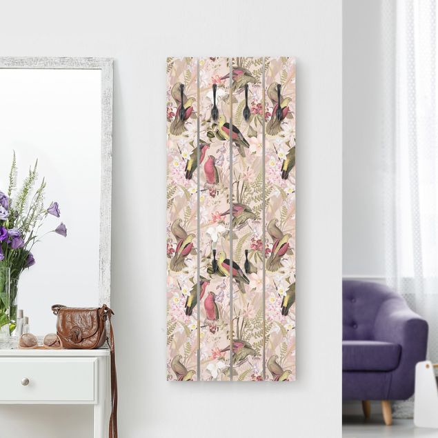 Porte-manteaux muraux avec fleurs Oiseaux roses pastel avec fleurs