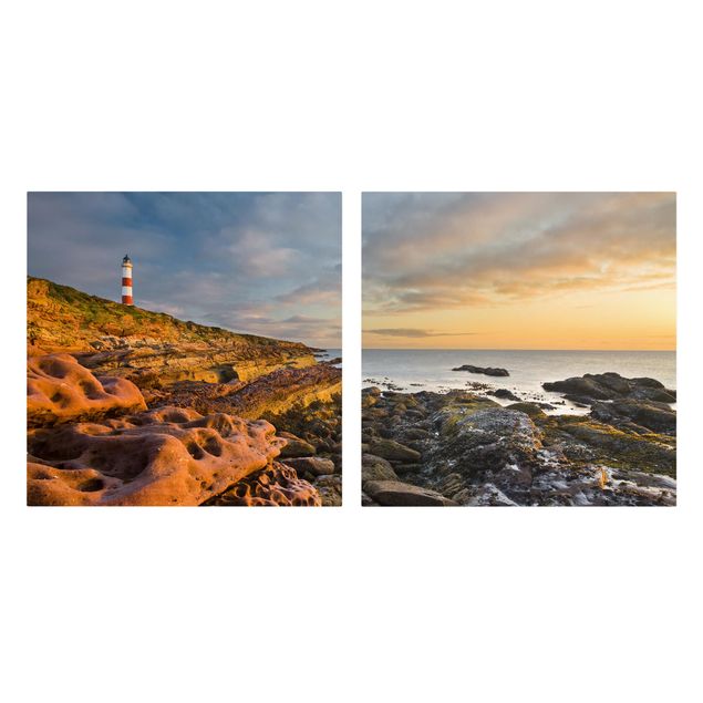 Tableau toile coucher de soleil L'océan et le phare de Tarbat Ness au coucher du soleil