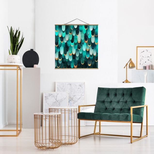 Tableaux moderne Plumes Or Turquoise