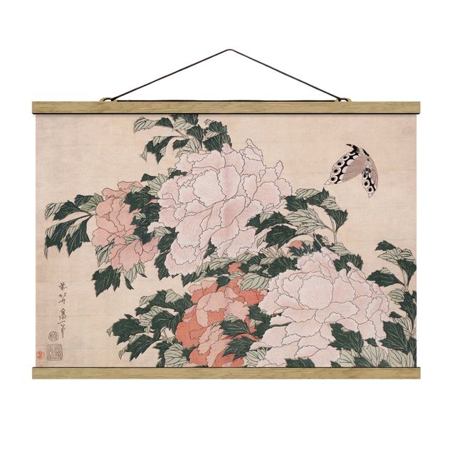 Tableaux modernes Katsushika Hokusai - Pivoines roses avec papillon