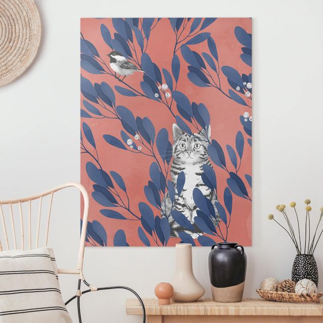Tableau sur toile - Illustration Cat And Bird On Branch Blue Red