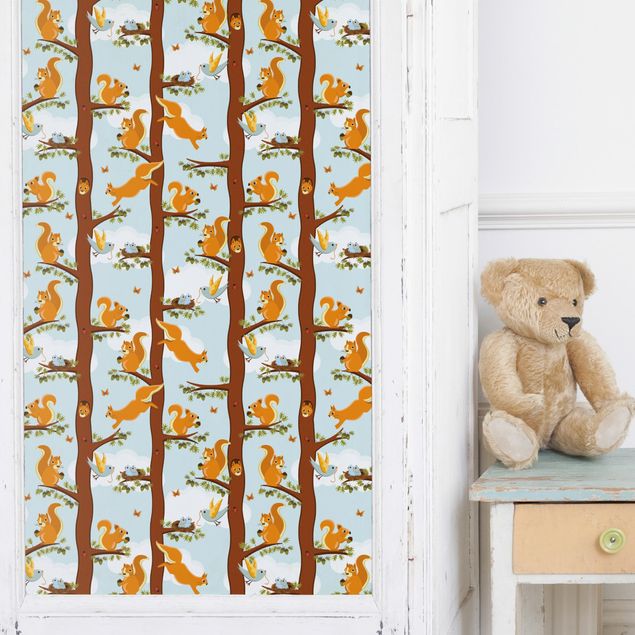 Papier adhésif pour meuble mat Motif pour enfants avec écureuils et petits oiseaux
