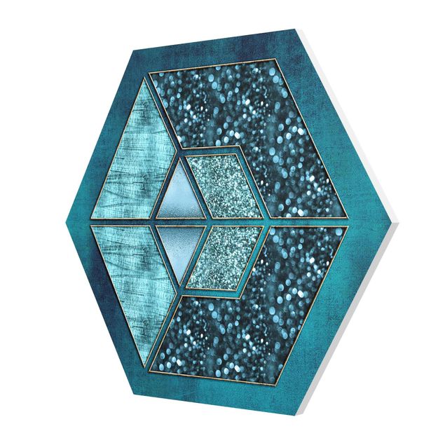 Tableau deco bleu Hexagone Bleu avec Contour Doré
