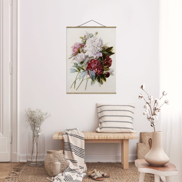Tableau moderne Pierre Joseph Redoute - Bouquet de pivoines rouges, violettes et blanches