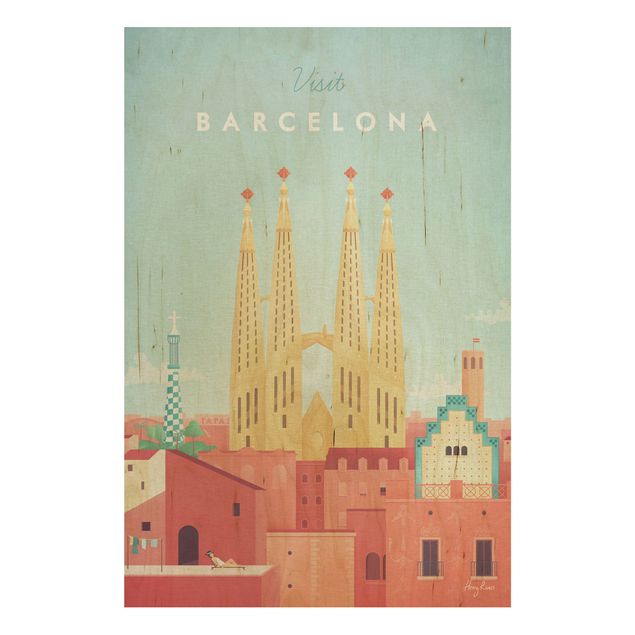Tableau vintage bois Poster de voyage - Barcelone