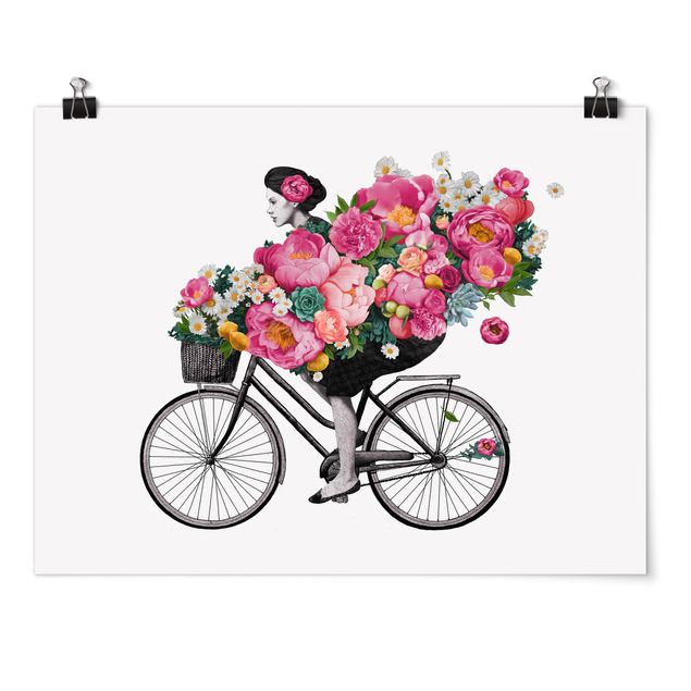 Tableau portraits Illustration Femme à Bicyclette Collage Fleurs Colorées