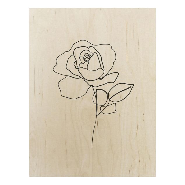 Tableaux en bois avec fleurs Line Art Rose Noir et Blanc