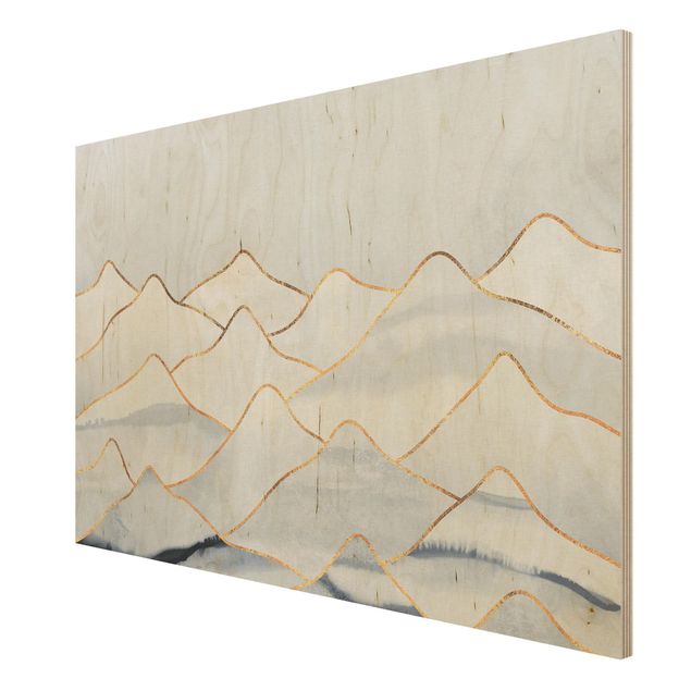 Tableaux en bois avec paysage Aquarelle Montagnes Blanc Or