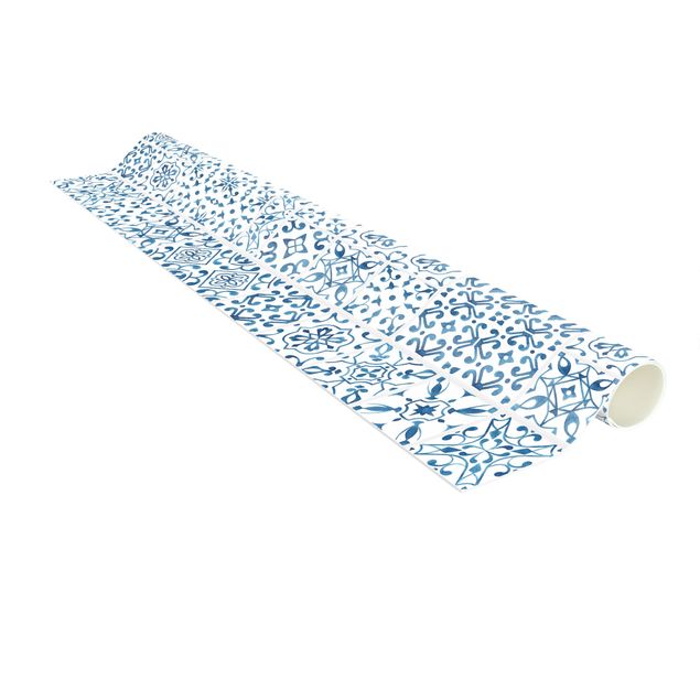 tapis d entrée long Motif carrelage bleu blanc