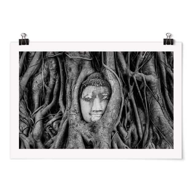Tableaux moderne Bouddha d'Ayutthaya doublé de racines d'arbres en noir et blanc
