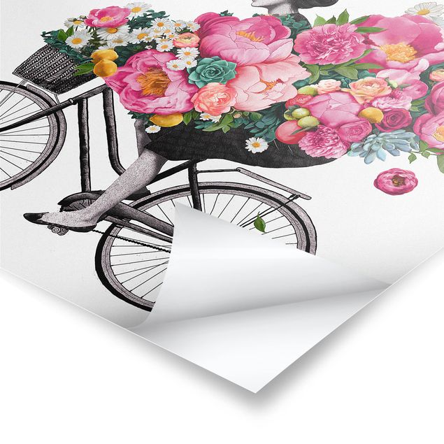 Tableaux muraux Illustration Femme à Bicyclette Collage Fleurs Colorées