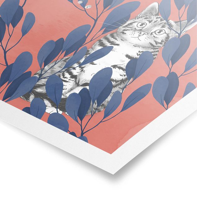 Poster animaux Illustration Chat et Oiseau sur une Branche Bleu Rouge
