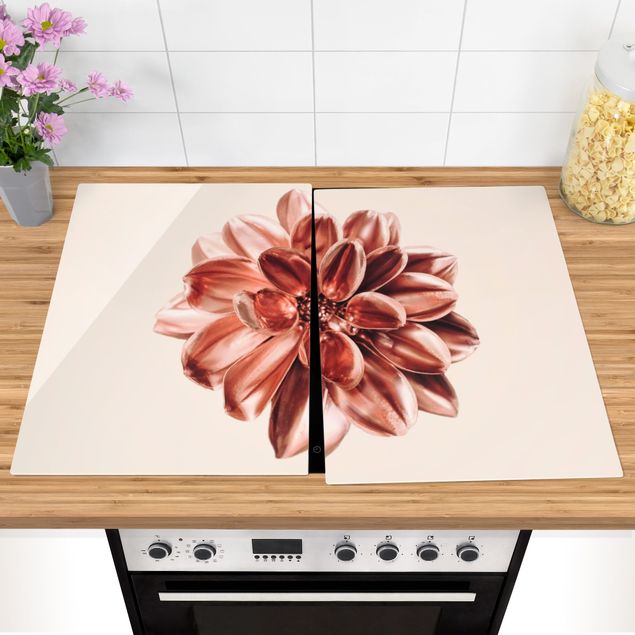 Cache plaques de cuisson fleurs Dahlia rose or métallique rose