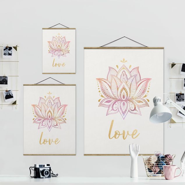 Tableau avec tissu Illustration Lotus Love Or Rose Clair