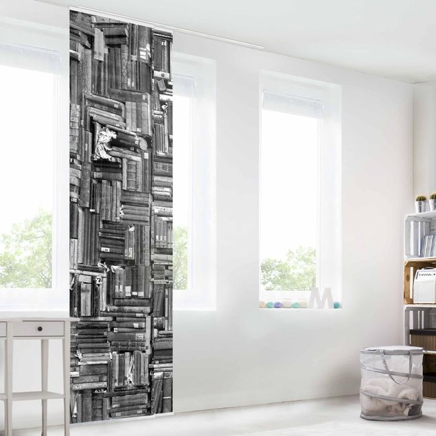 Panneaux coulissants avec dessins Mur de livres à l'aspect shabby en noir et blanc