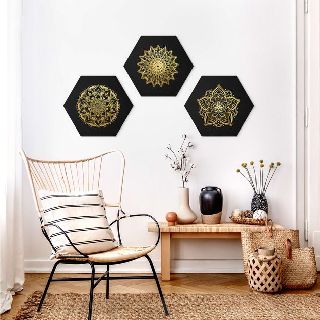 Tableaux moderne Mandala Flower Sun Illustration Set Black Gold
