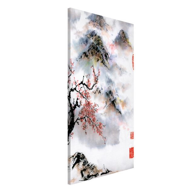 Décorations cuisine Dessin aquarelle japonais Cerisier et montagnes