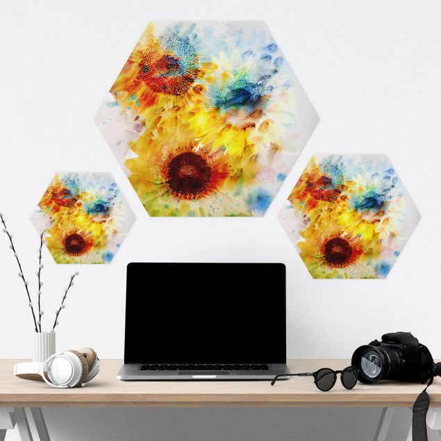 Tableau hexagon Fleurs à l'aquarelle Tournesols
