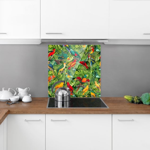 Fonds de hotte avec fleurs Collage coloré - Perroquets dans la jungle