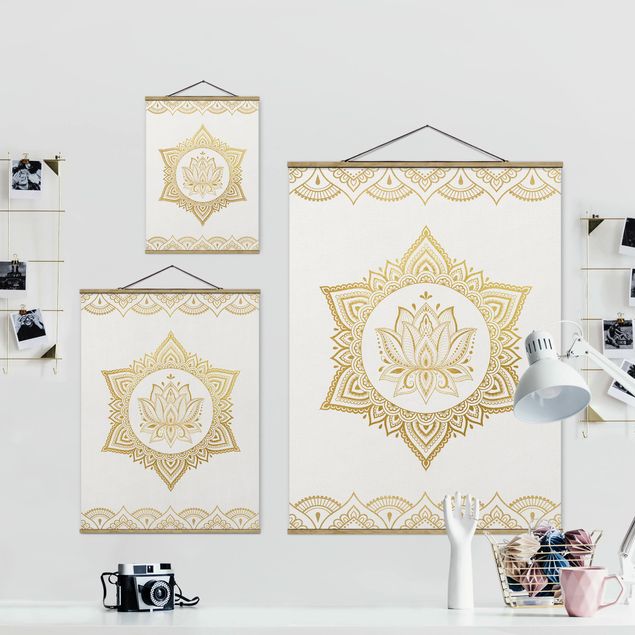 Tableau textile Illustration Mandala Lotus Or blanc