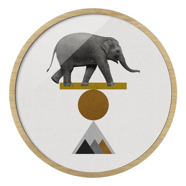 Tableaux Ronds Encadrés Éléphant Art de l'équilibre