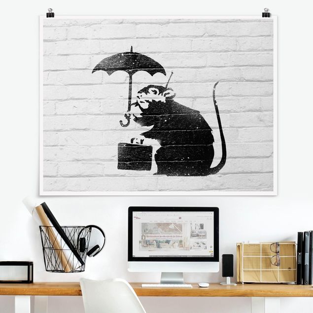 Posters en noir et blanc Ratte mit Regenschirm - Brandalised ft. Graffiti by Banksy