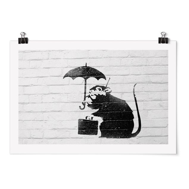 Tableaux noir et blanc Ratte mit Regenschirm - Brandalised ft. Graffiti by Banksy
